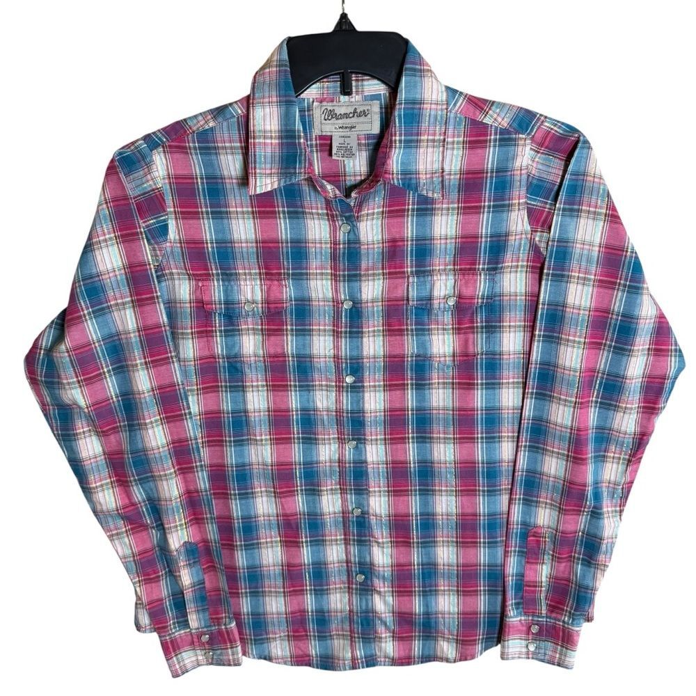 Wrancher by Wrangler Pink & Teal Plaid Gold Metallic Western Pearl Snap Shirt-L